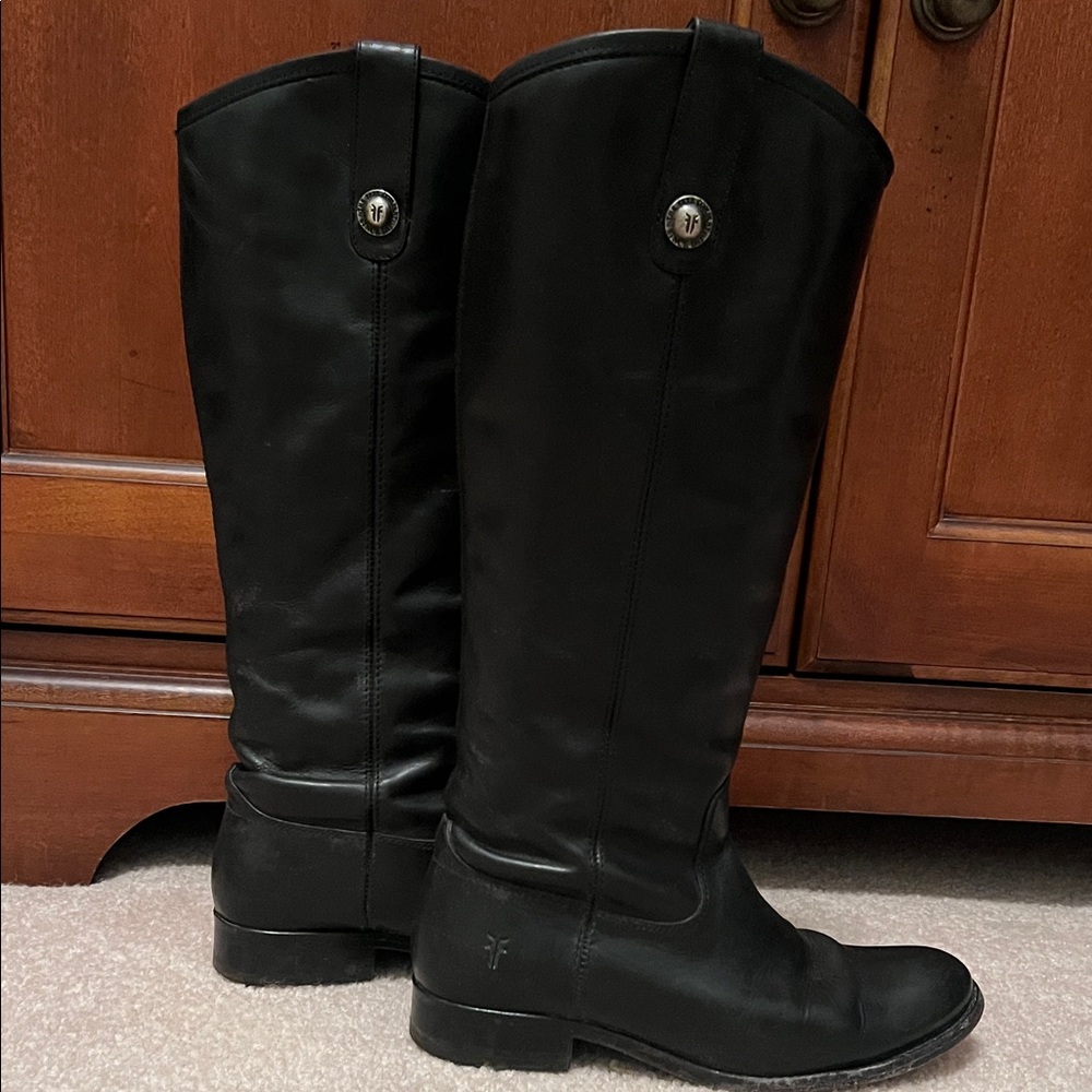 Frye Black Leather Over-the-Knee Riding Boots with Button Accents